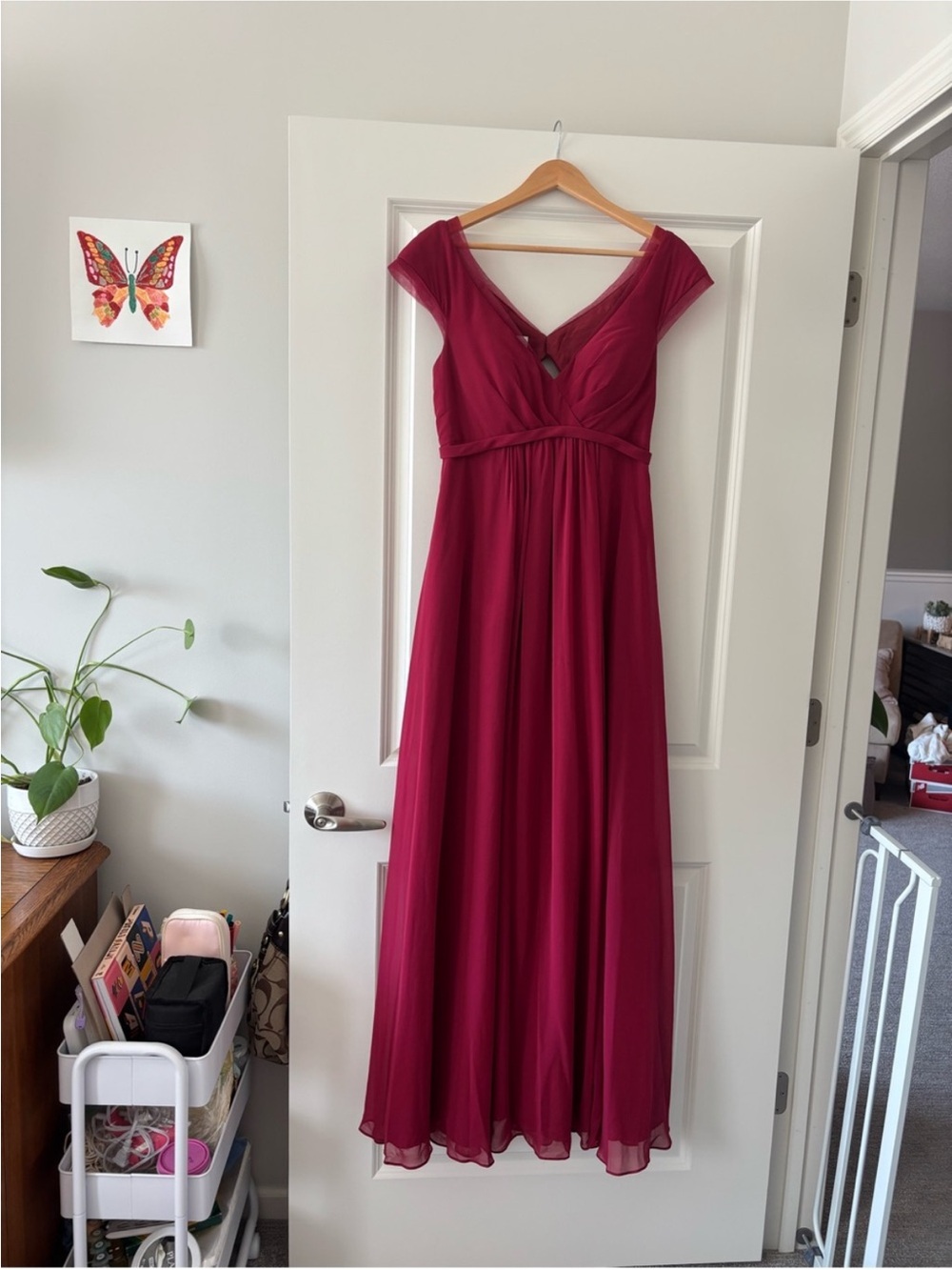 Azazie Burgundy Cap-Sleeve V-Neck Maxi Dress
